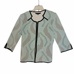 Ming Wang Heritage Fit Cardigan Sweater Sz Medium White, Black Turquoise Stripe